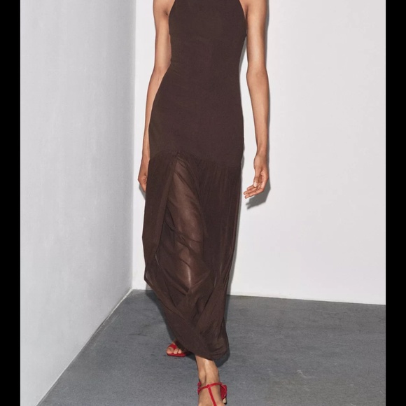 ZARA Drop Waist Halter Combination Brown Dress - Picture 2 of 11